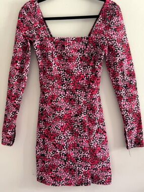 Francesca's Collections Pink Floral Long-Sleeve Square Neck Mini Dress